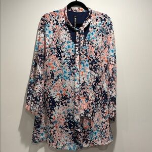 Design Lab Lord & Taylor Floral Tie Neck Long Sleeve Dress Size Medium